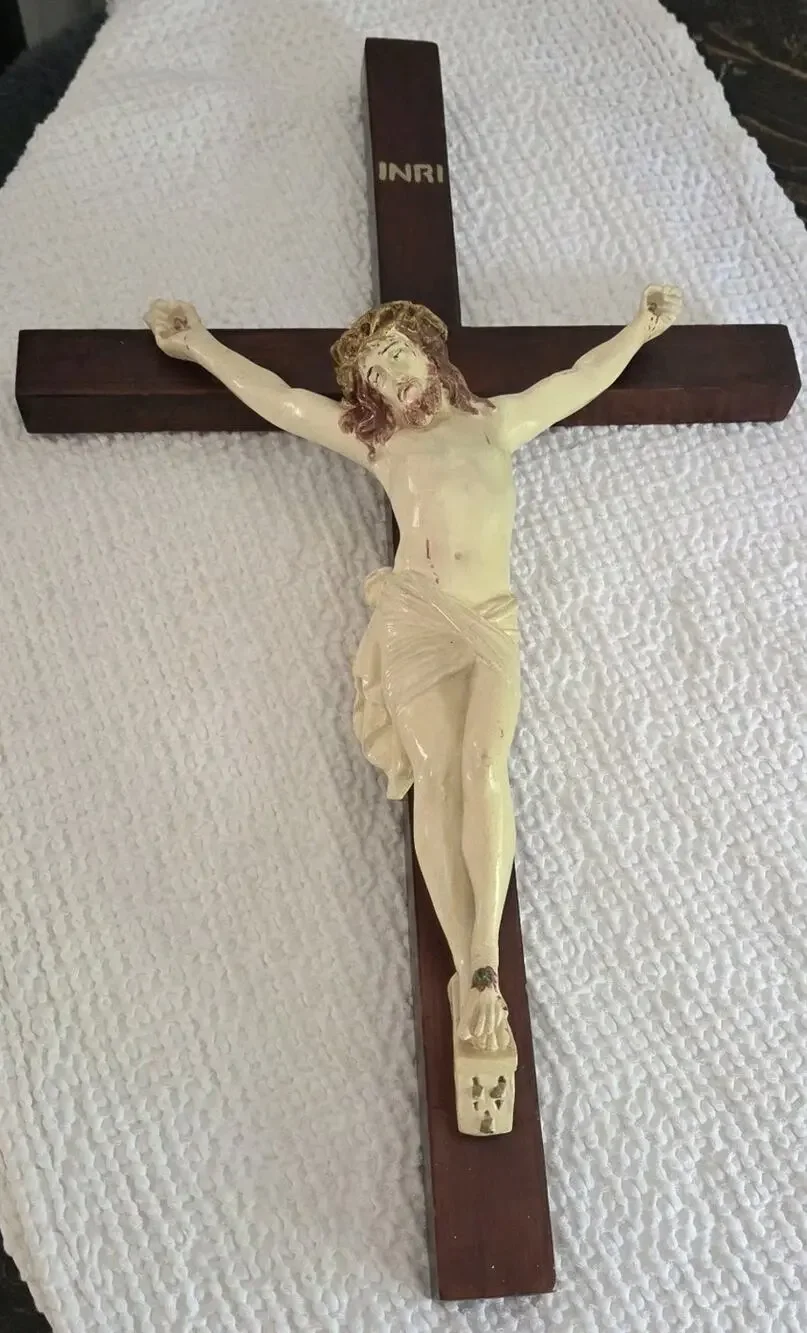 Jesus Corpus INRI Large Crucifix 24” Plaster Chalkware Figure Dark Wood Cross